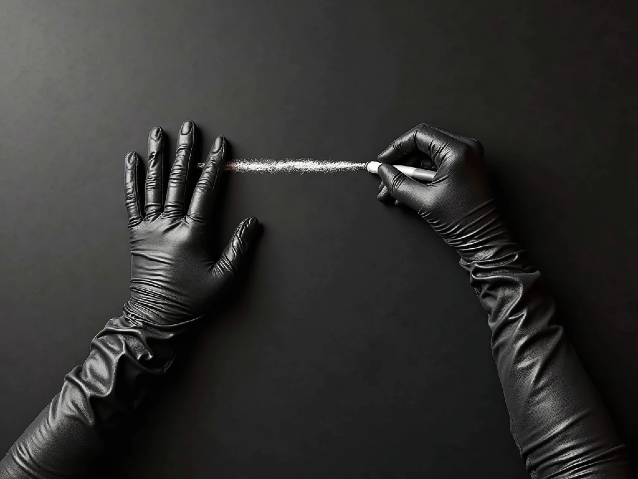 a black-gloved hand drawing a clear boundary line with chalk on dark surface